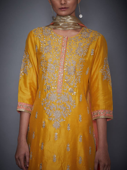Buy Amber Yellow High Slit Kurti with Skirt and Mirror Embroidery